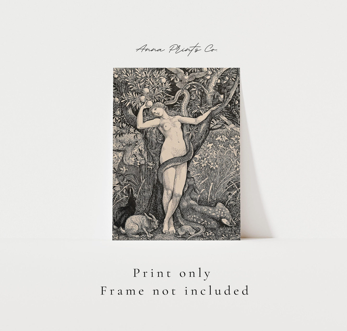 Vintage art print of Eve in the Garden Illustration with text overlay stating frame not included