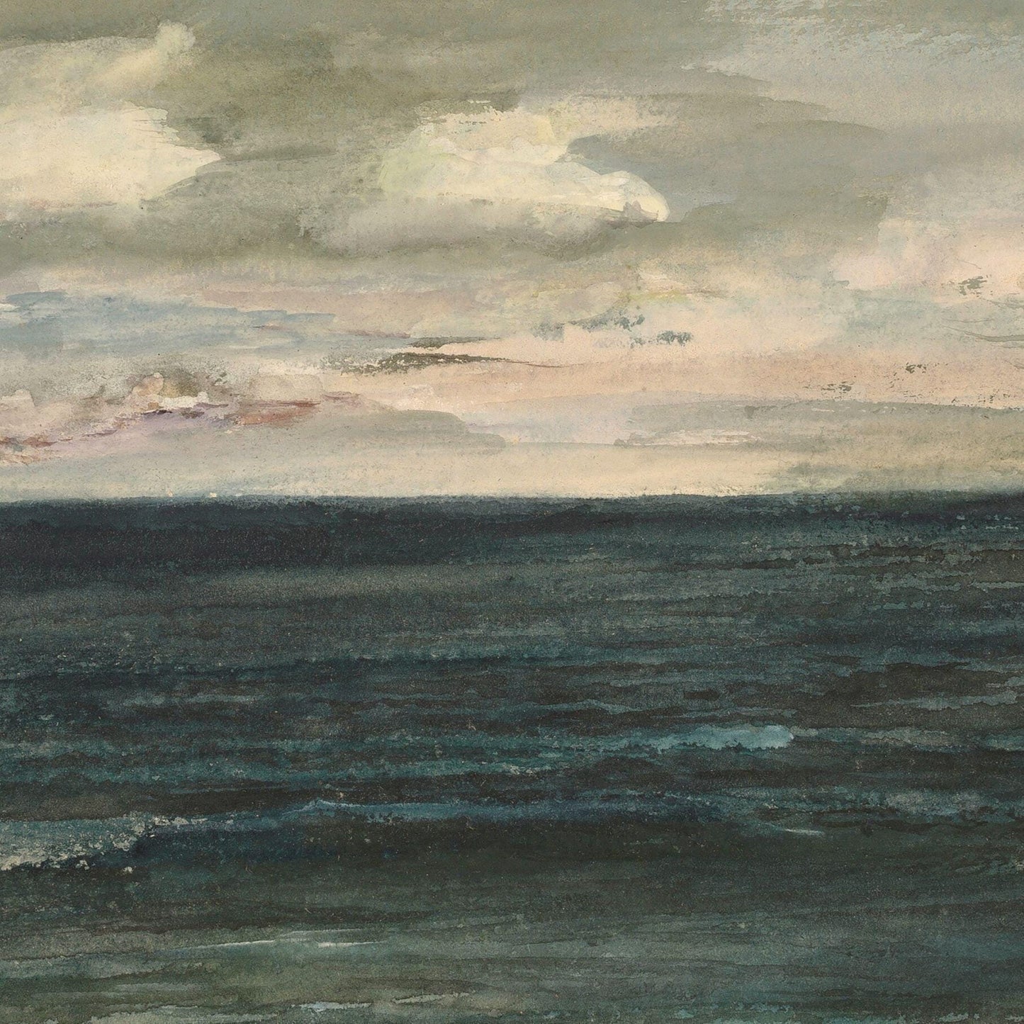 Painting of a seascape with wavy ocean and cloudy sky