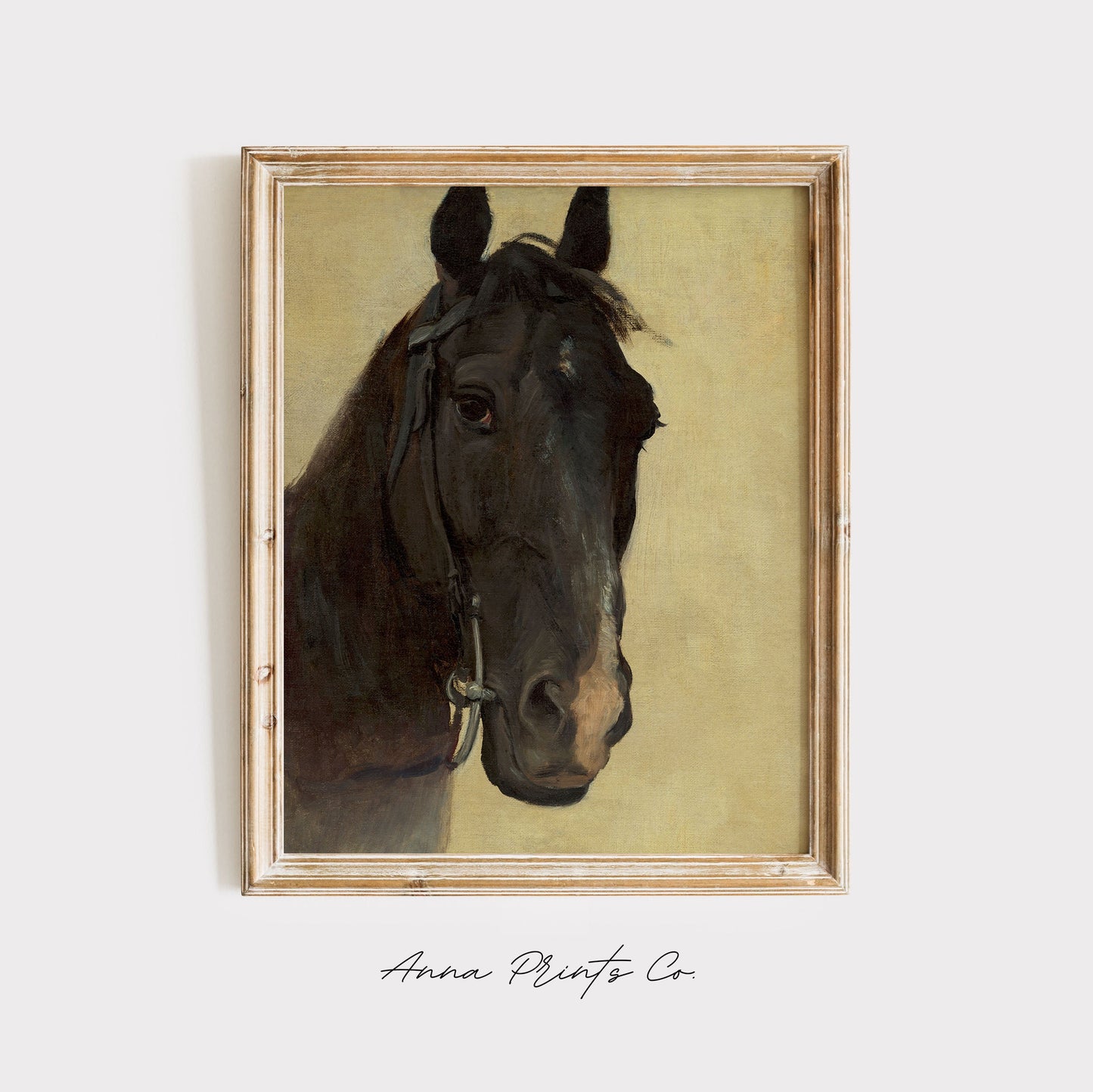 Vintage art print of Study of Horse Equestrian Painting displayed in wooden frame