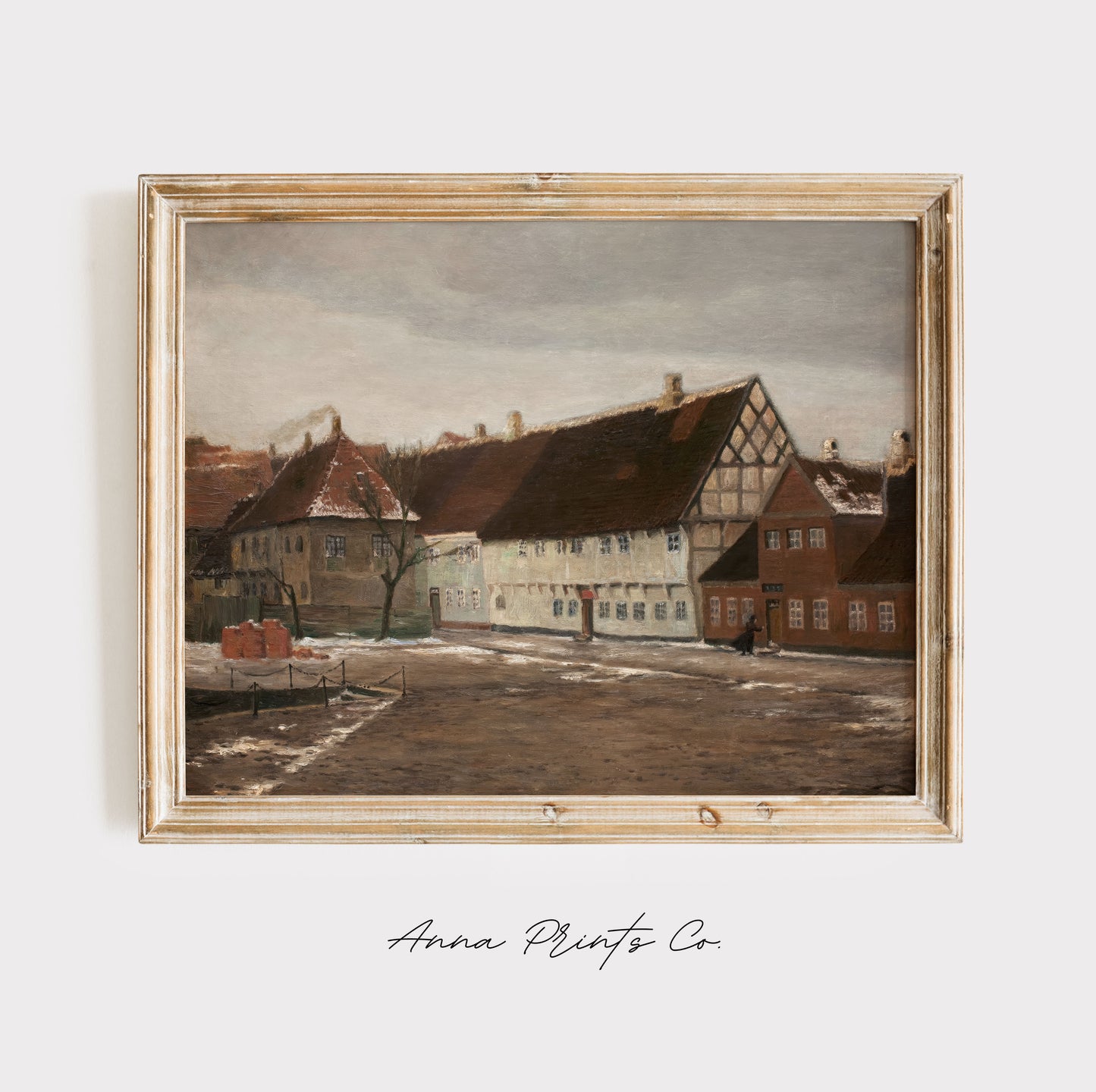 Vintage art print of Winter Evening in Ribe Painting by Monet displayed in wooden frame