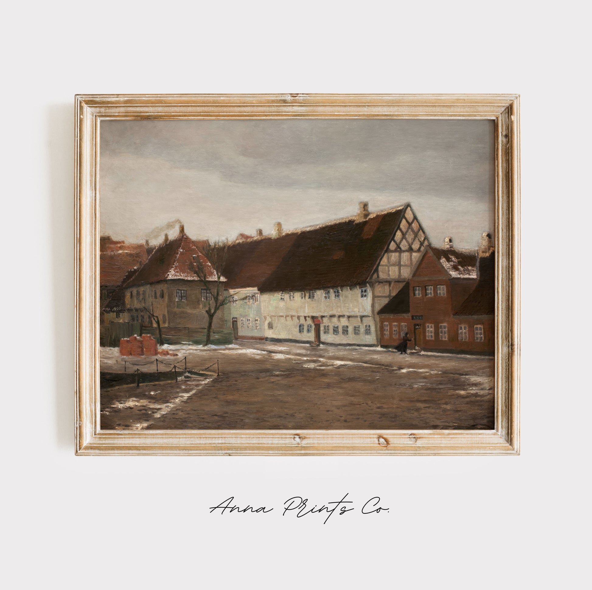 Vintage art print of Winter Evening in Ribe Painting by Monet displayed in wooden frame