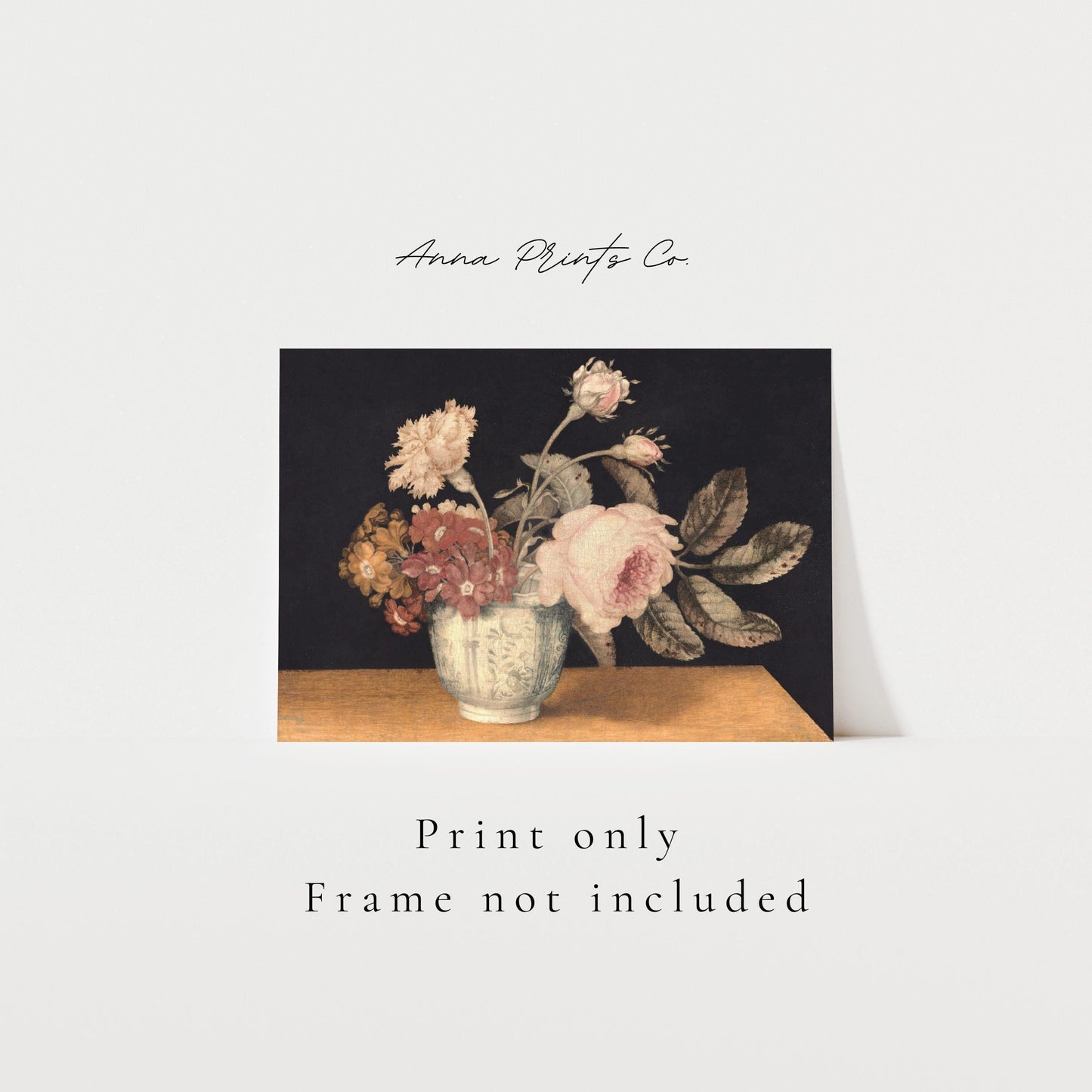 Vintage art print of Flowers in a Delft Jar Moody Floral with text overlay stating frame not included