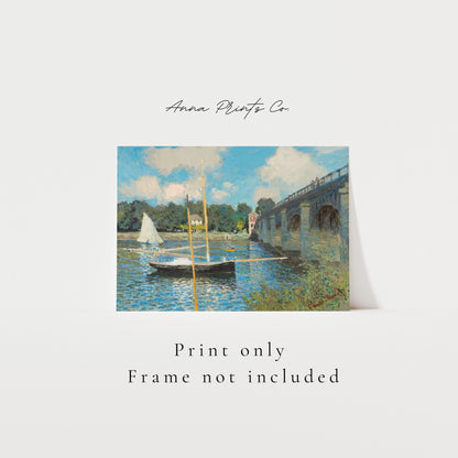 Vintage art print of The Bridge at Argenteuil by Monet with text overlay stating frame not included