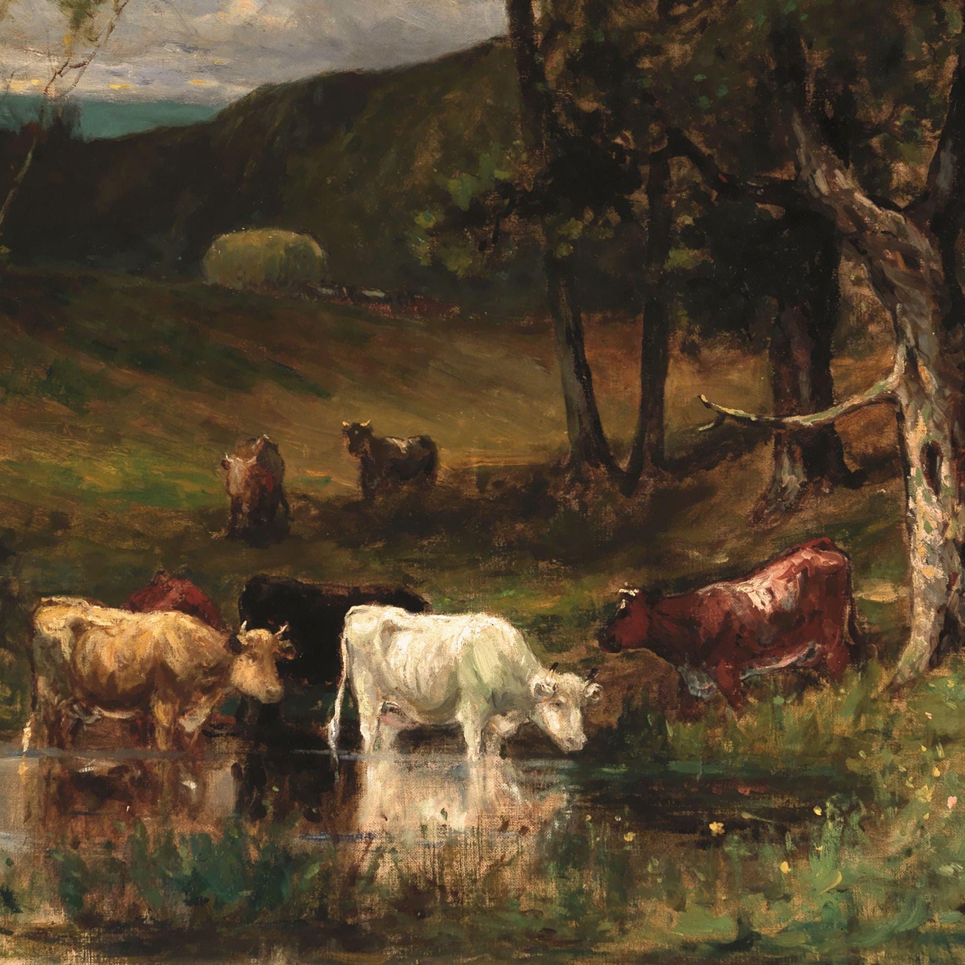 Painting of cows by a lake with a landscape in the background