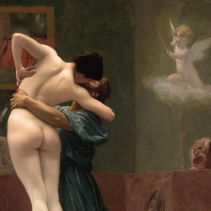 Painting of a nude couple embracing with an angel and skull in the background
