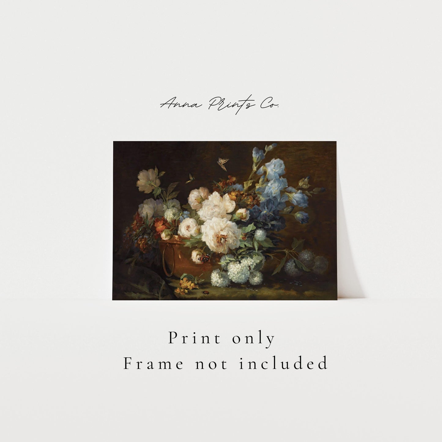Vintage art print of Moody Floral Still Life Painting with text overlay stating frame not included