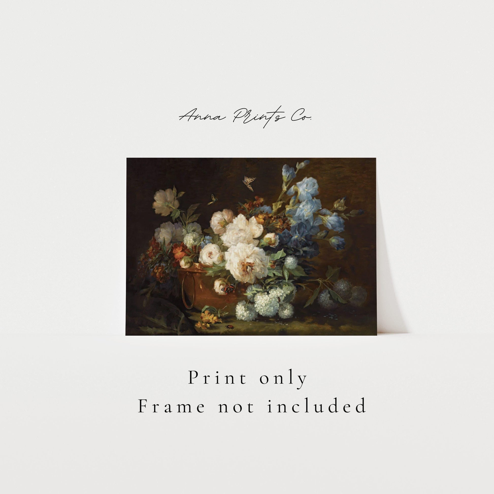 Vintage art print of Moody Floral Still Life Painting with text overlay stating frame not included
