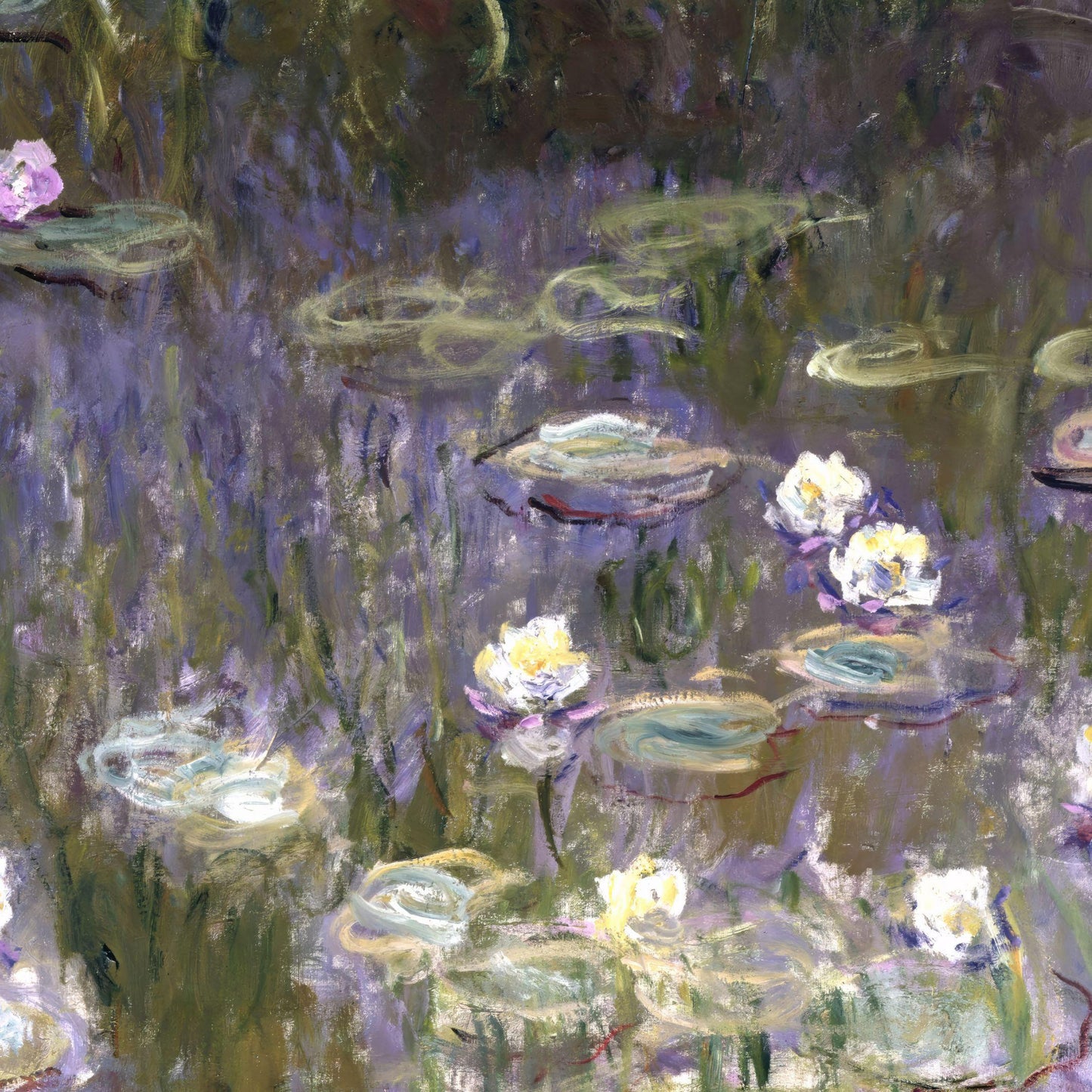 Painting of water lilies on a pond with a focus on the flowers and reflections.