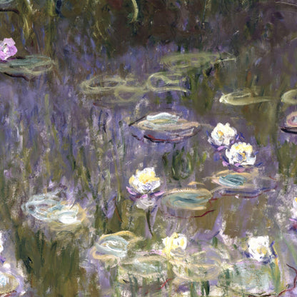 Painting of water lilies on a pond with a focus on the flowers and reflections.