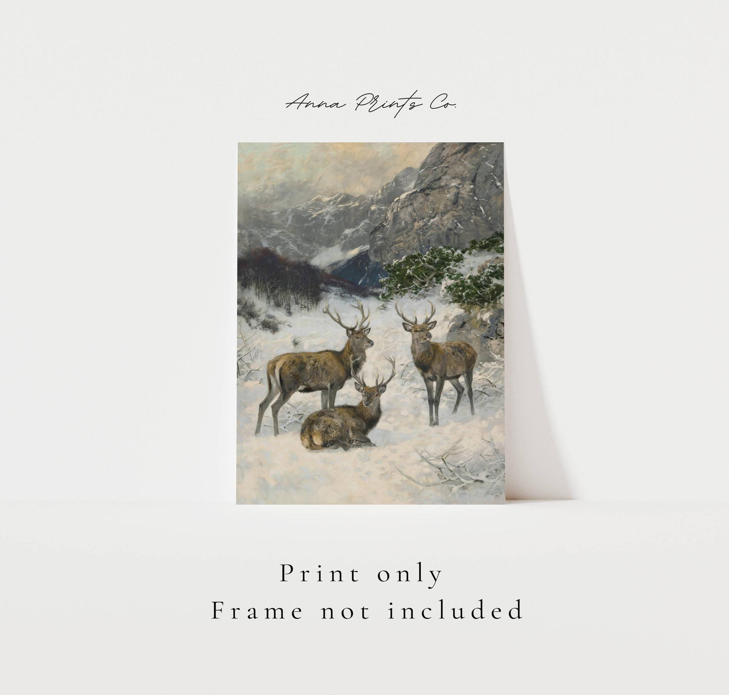 Vintage art print of Herd of Deer Winter Painting with text overlay stating frame not included
