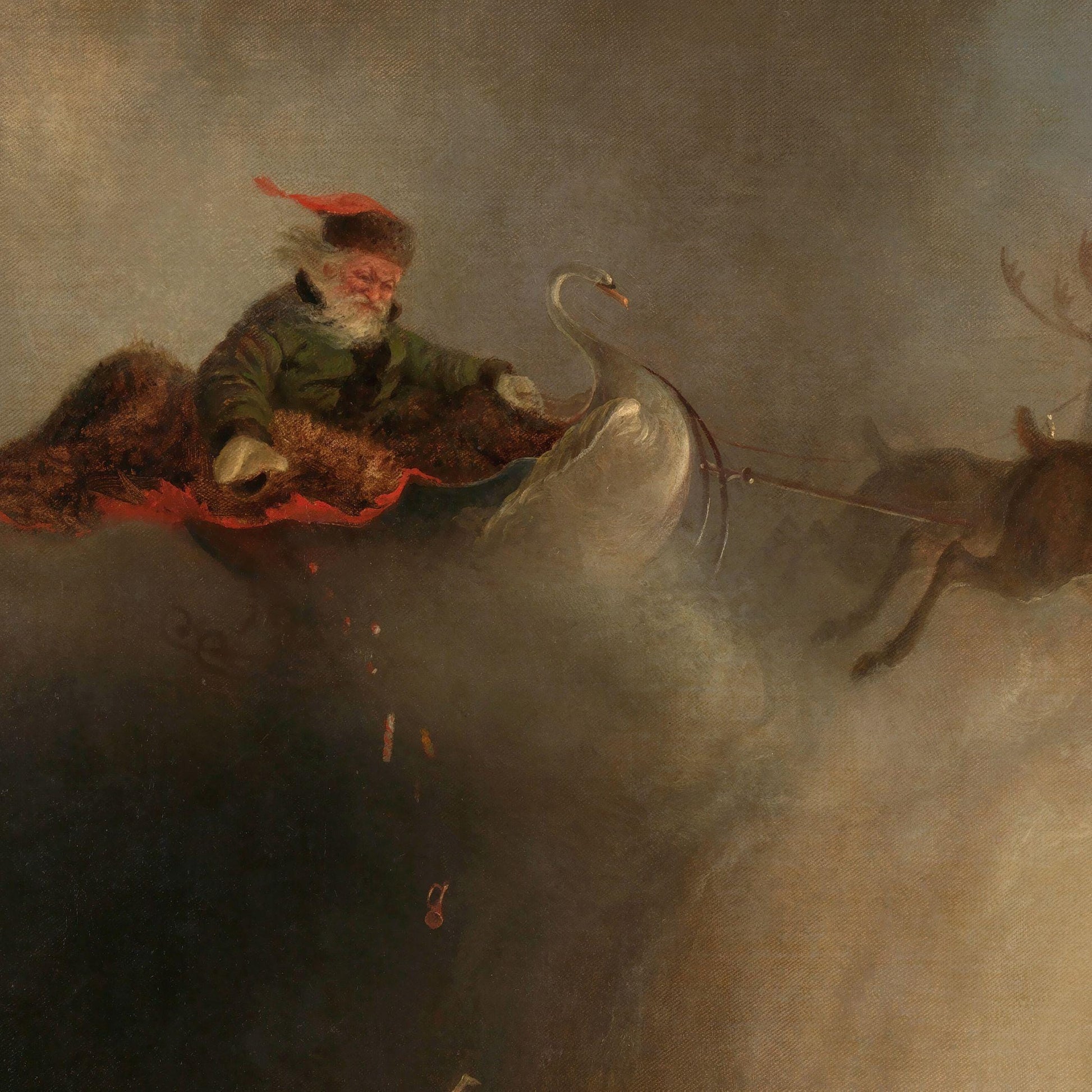 Painting of santa claus riding a sleigh with reindeer
