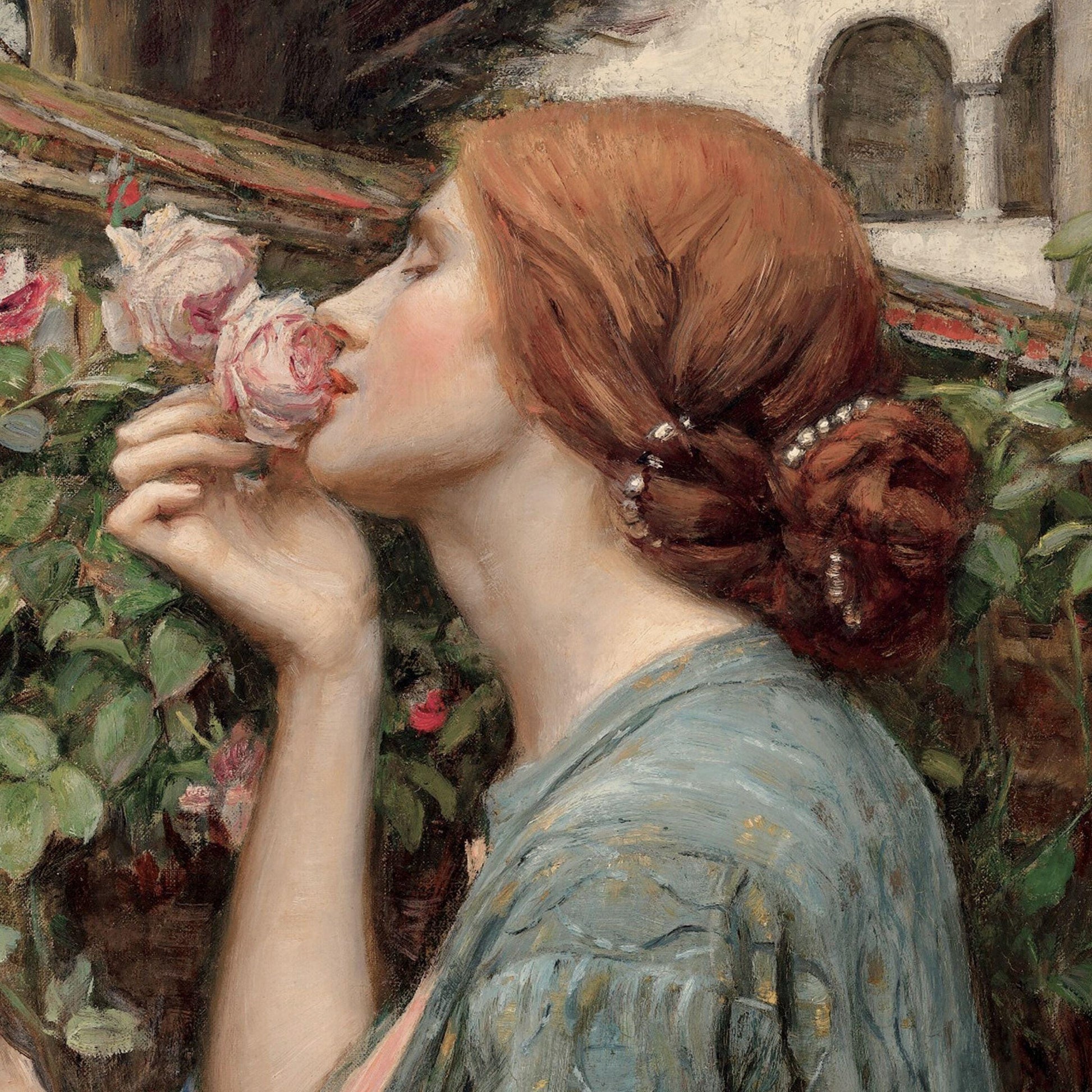 Artistic depiction of a woman smelling a flower in a garden setting