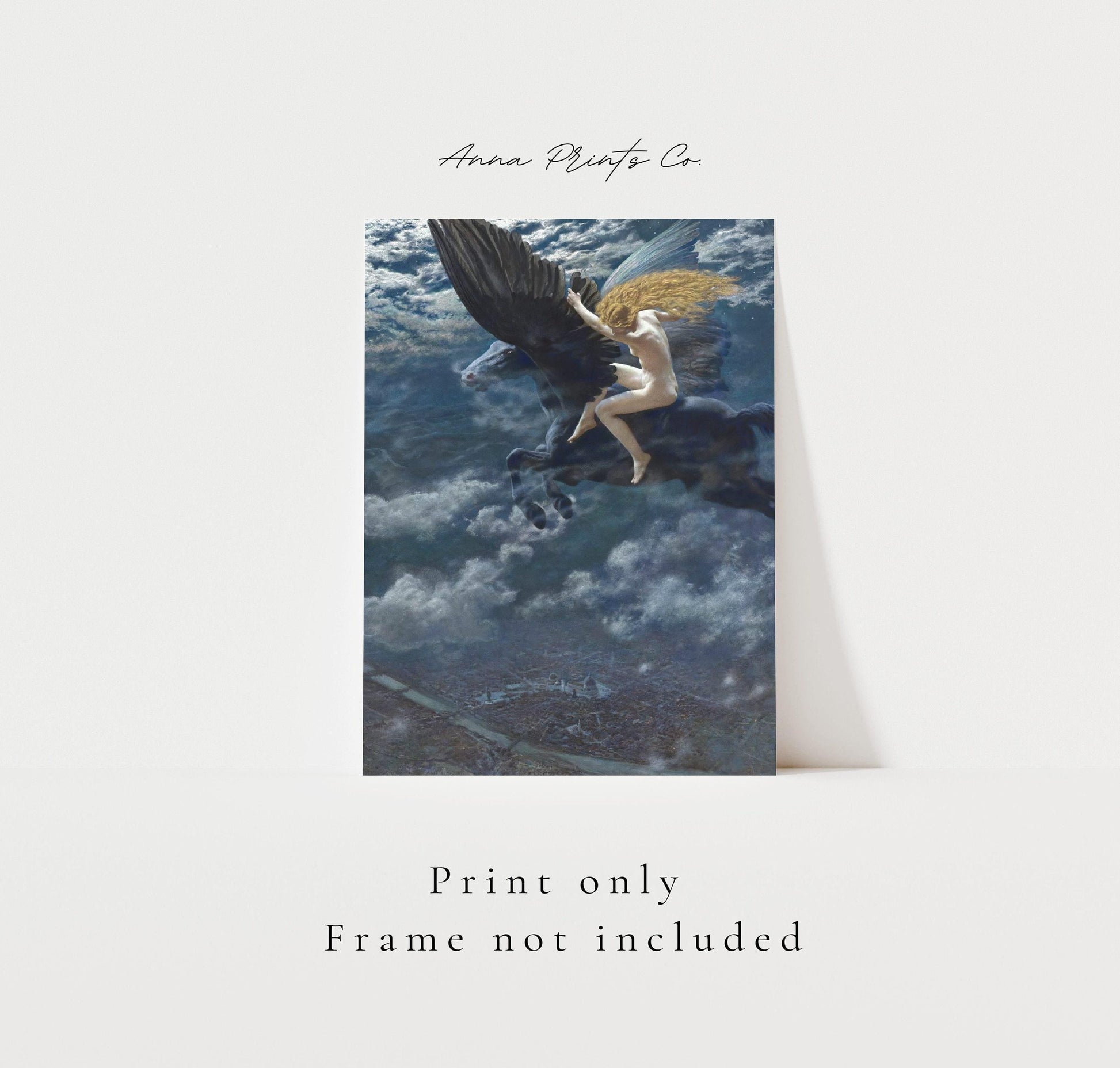 Vintage art print of Dream Idyll Valkyrie Painting with text overlay stating frame not included