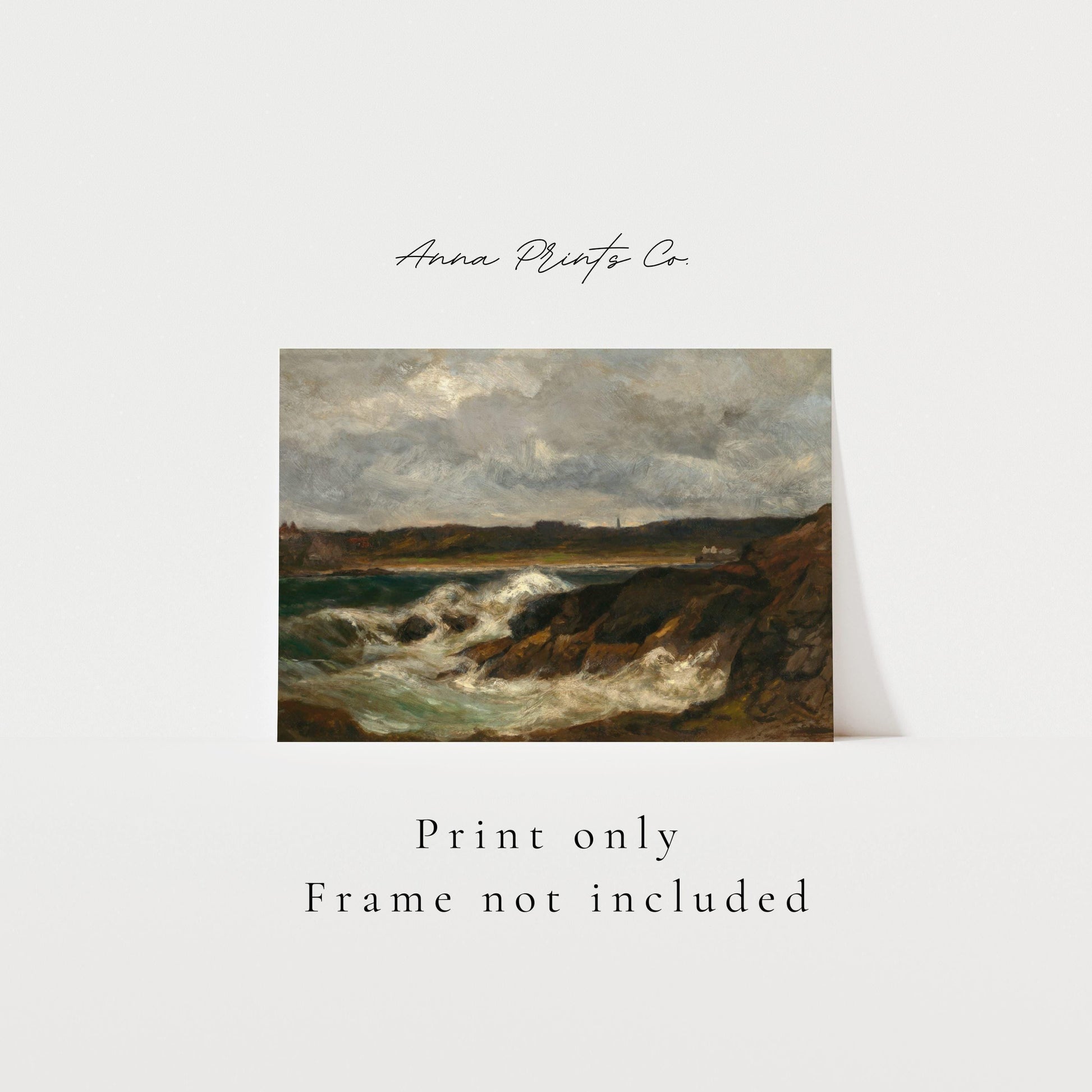 Vintage art print of Newport Moody Seascape Painting with text overlay stating frame not included