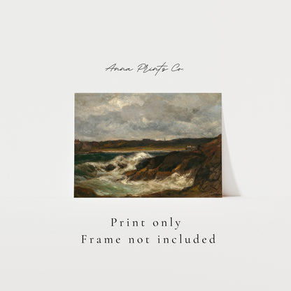 Vintage art print of Newport Moody Seascape Painting with text overlay stating frame not included