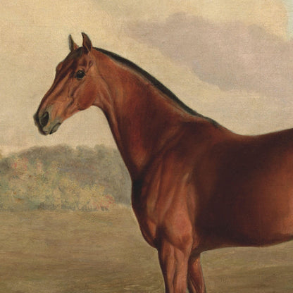 Painting of a brown horse standing in a field with a blurred landscape in the background