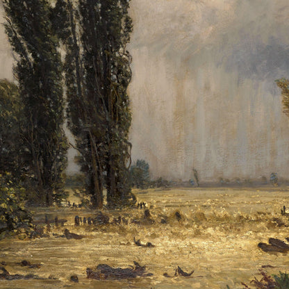 Landscape painting with trees and a field under a cloudy sky