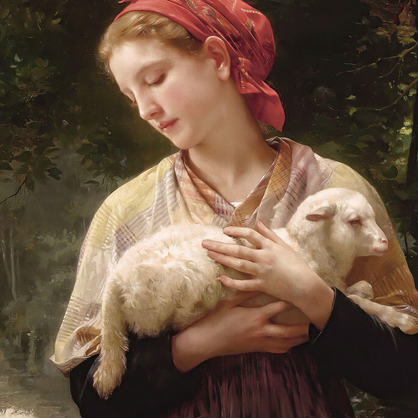 Woman holding a lamb in a forest setting
