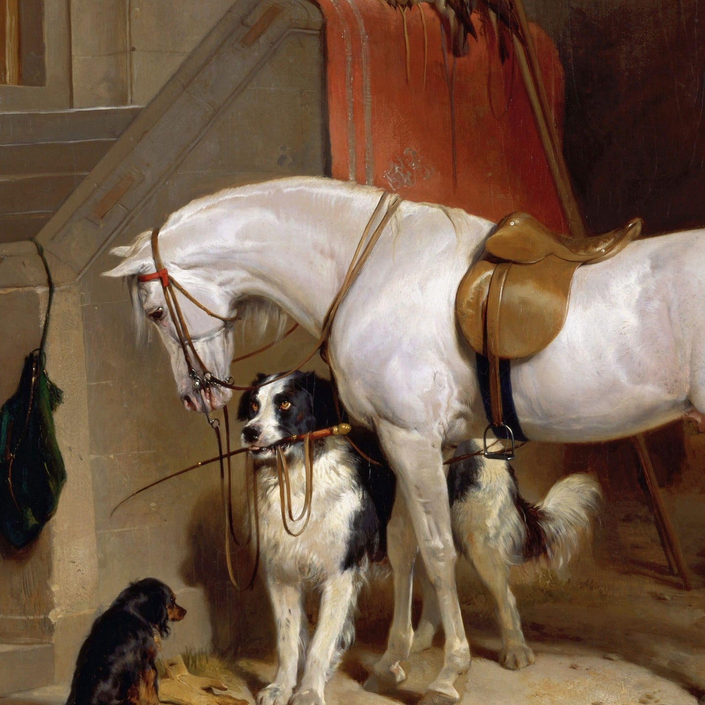 Painting of a white horse with a saddle and a dog in a stable setting