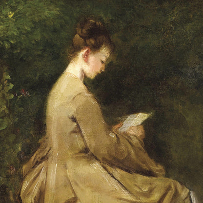 Painting of a woman reading a letter in a garden