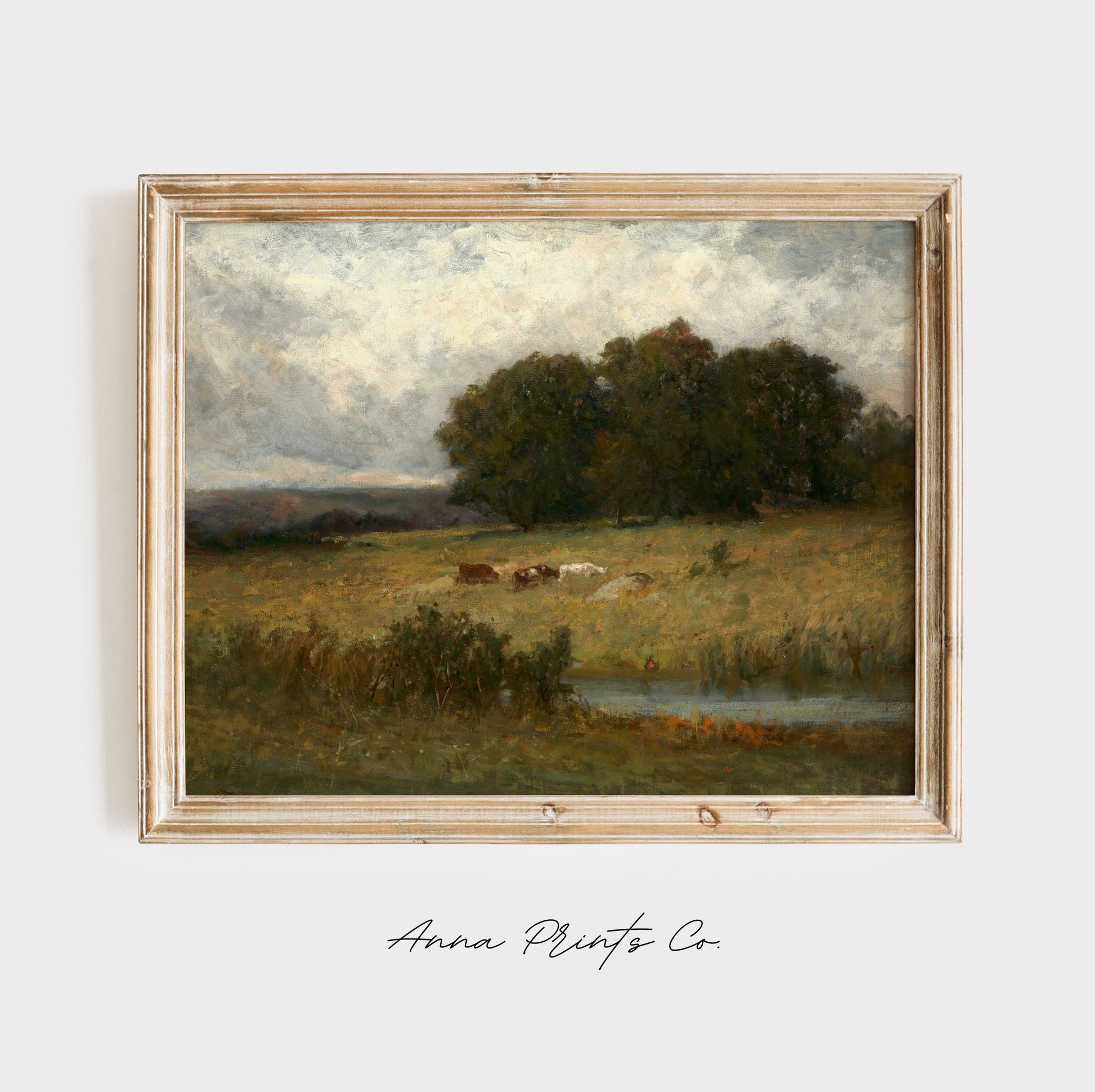 Vintage art print of Bright Scene of Cattle Landscape displayed in wooden frame
