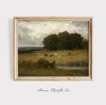 Vintage art print of Bright Scene of Cattle Landscape displayed in wooden frame