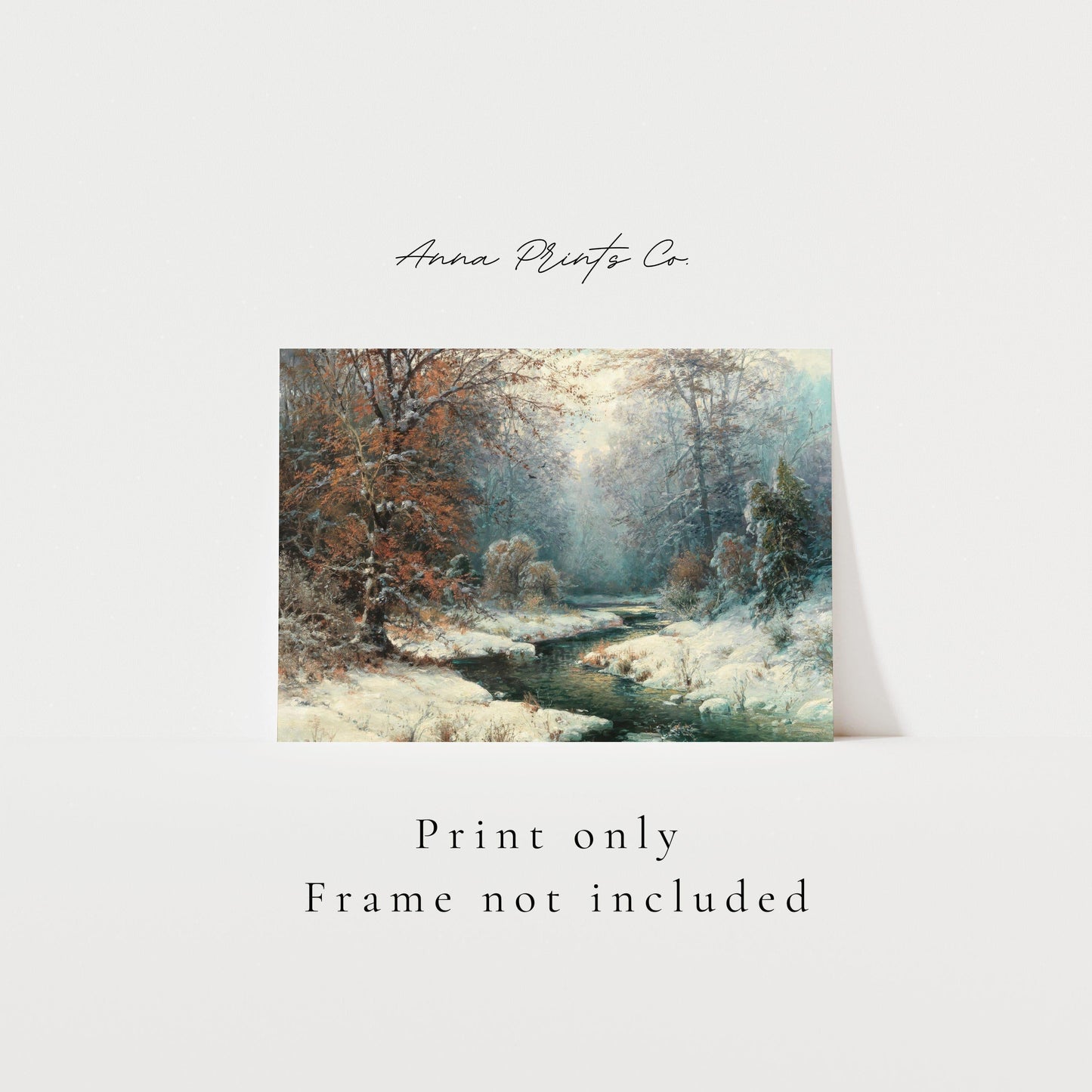 Vintage art print of Winter River Landscape Painting with text overlay stating frame not included