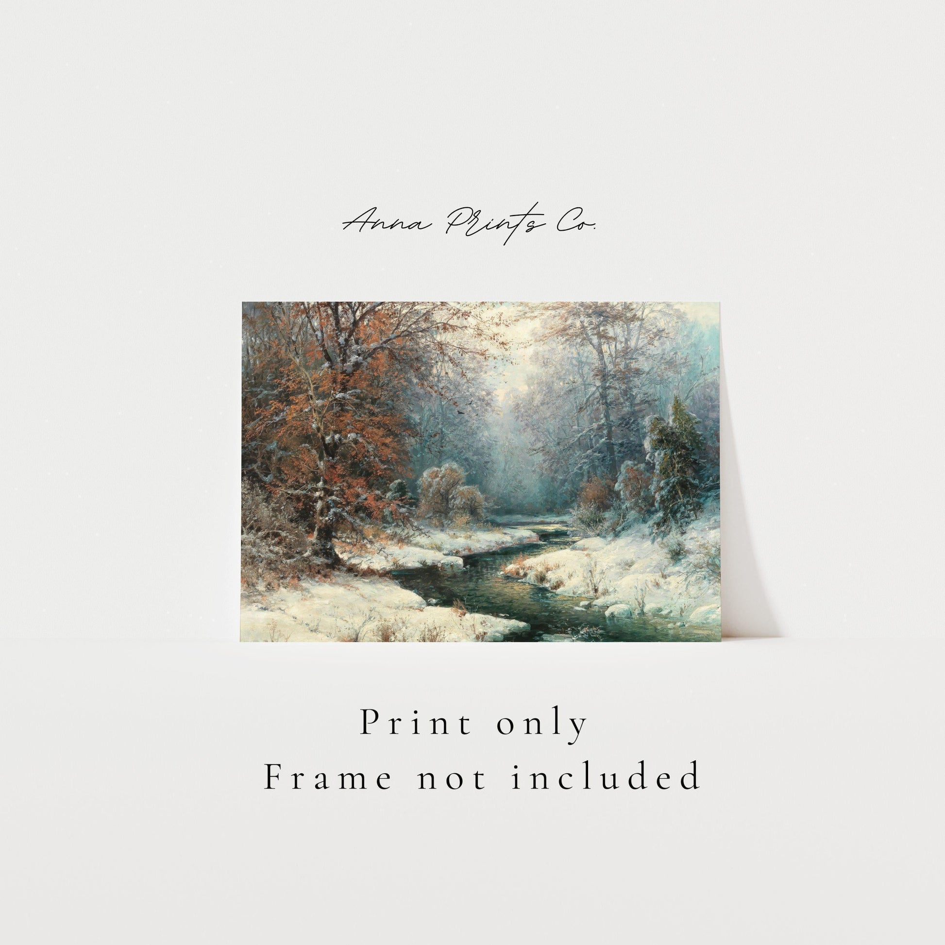 Vintage art print of Winter River Landscape Painting with text overlay stating frame not included