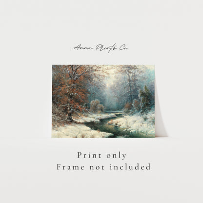 Vintage art print of Winter River Landscape Painting with text overlay stating frame not included