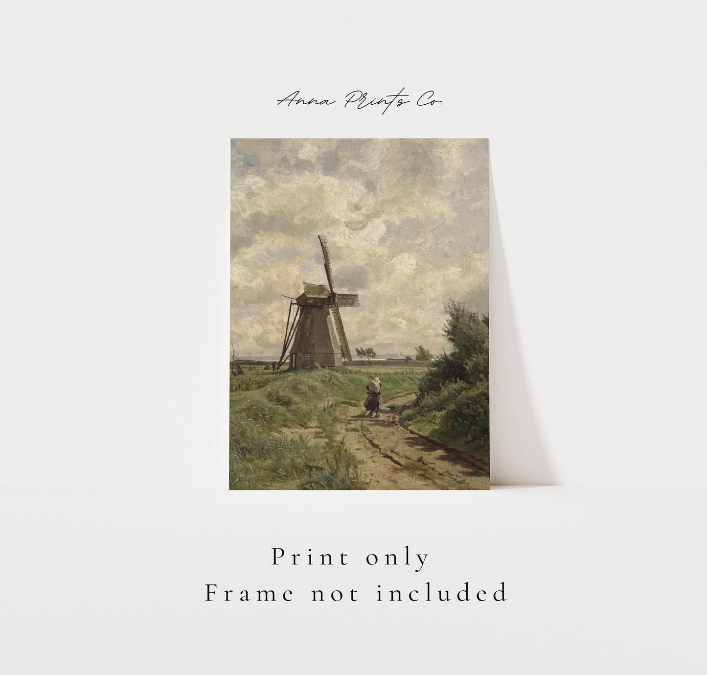 Vintage art print of Windmill Dutch Landscape Painting with text overlay stating frame not included