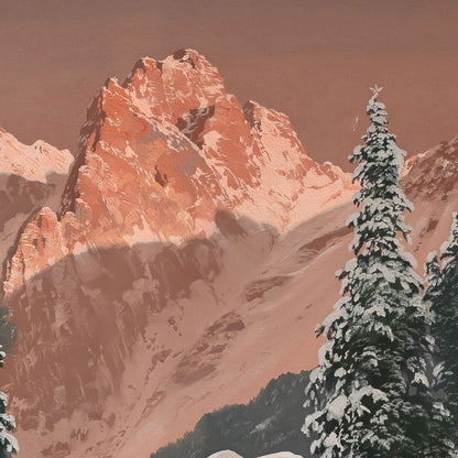 Snowy mountain peak with evergreen trees in a brownish hue