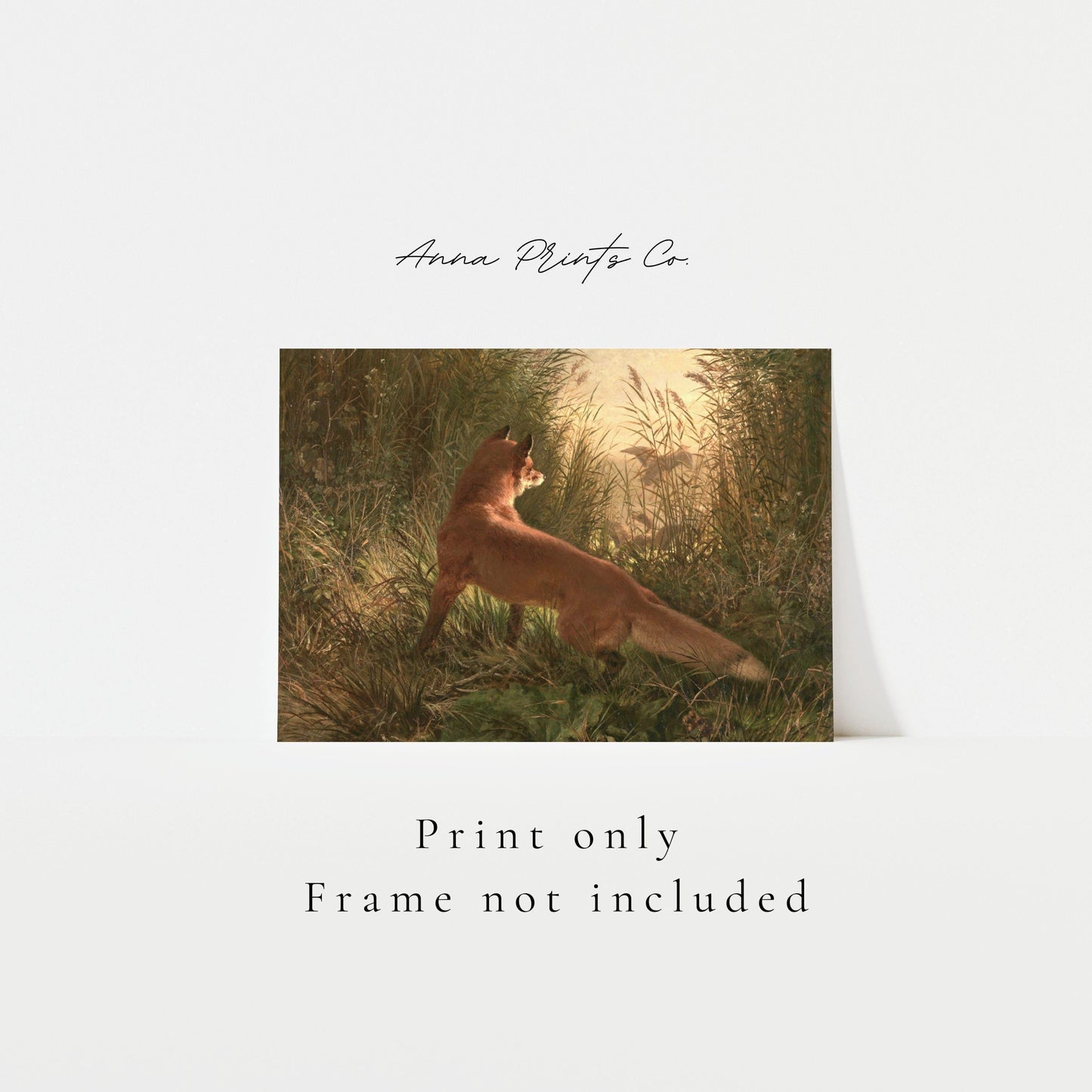 Vintage art print of Fox Painting Moody Animal Art with text overlay stating frame not included