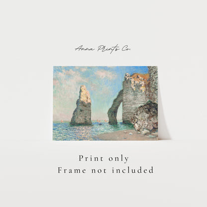 Vintage art print of The Cliffs at Étretat by Monet with text overlay stating frame not included