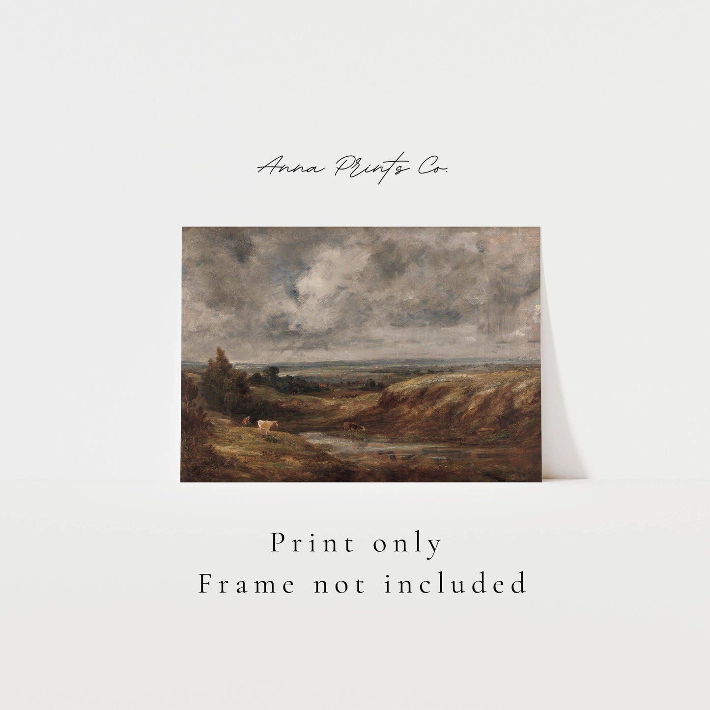 Vintage art print of Hampstead Heath Autumn Landscape with text overlay stating frame not included