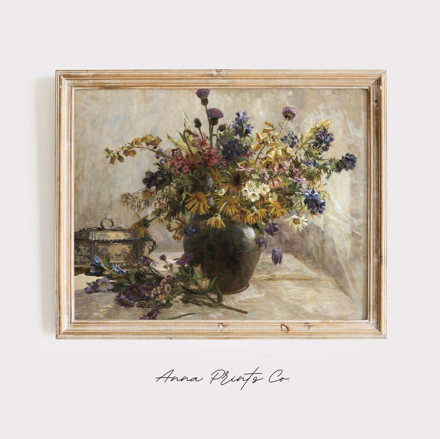 Vintage art print of Flower Bouquet in Vase Painting displayed in wooden frame