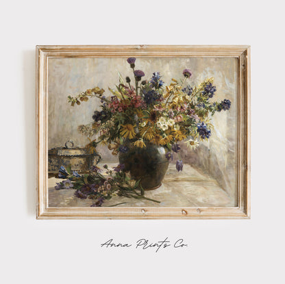 Vintage art print of Flower Bouquet in Vase Painting displayed in wooden frame