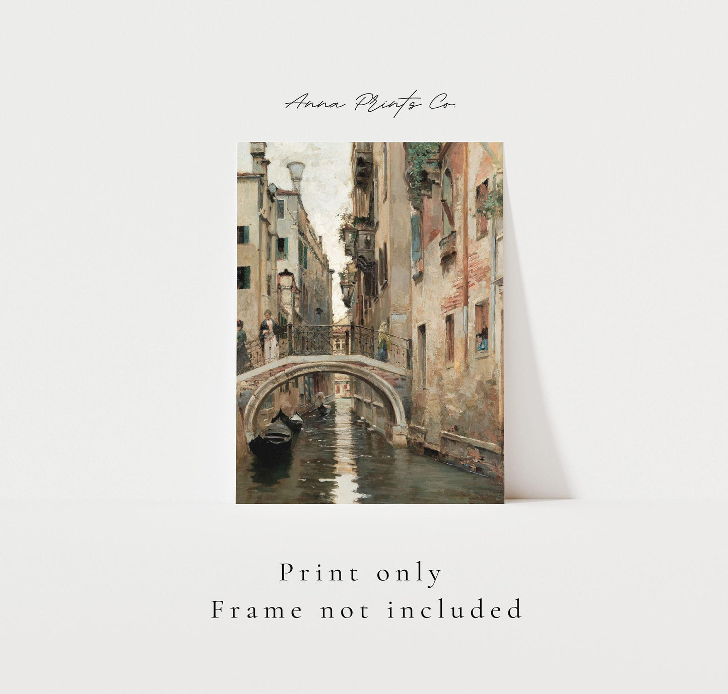 Vintage art print of A Canal in Venice Cityscape Painting with text overlay stating frame not included