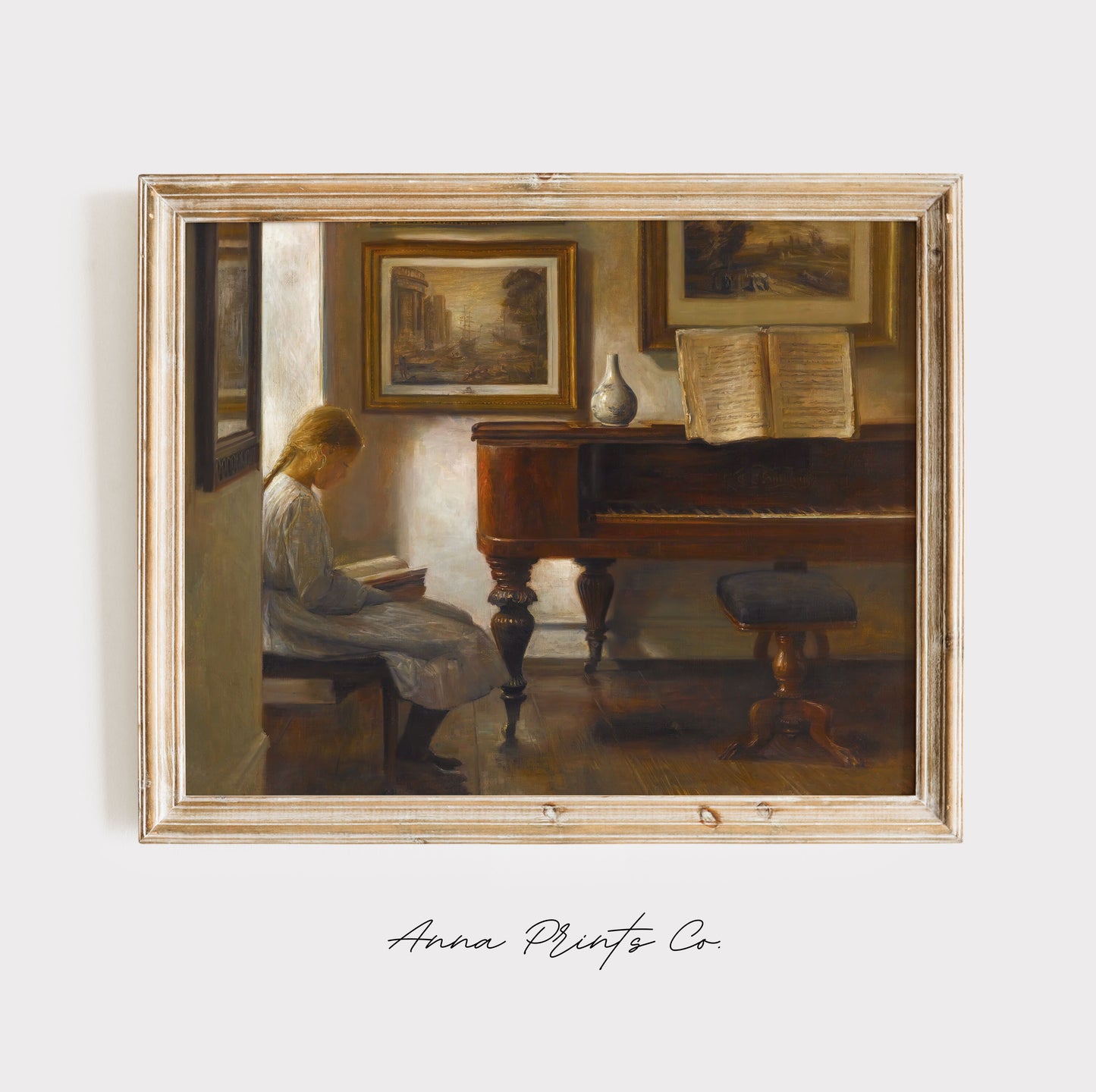 Vintage art print of Girl Reading by Piano Painting displayed in wooden frame