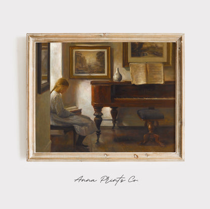 Vintage art print of Girl Reading by Piano Painting displayed in wooden frame
