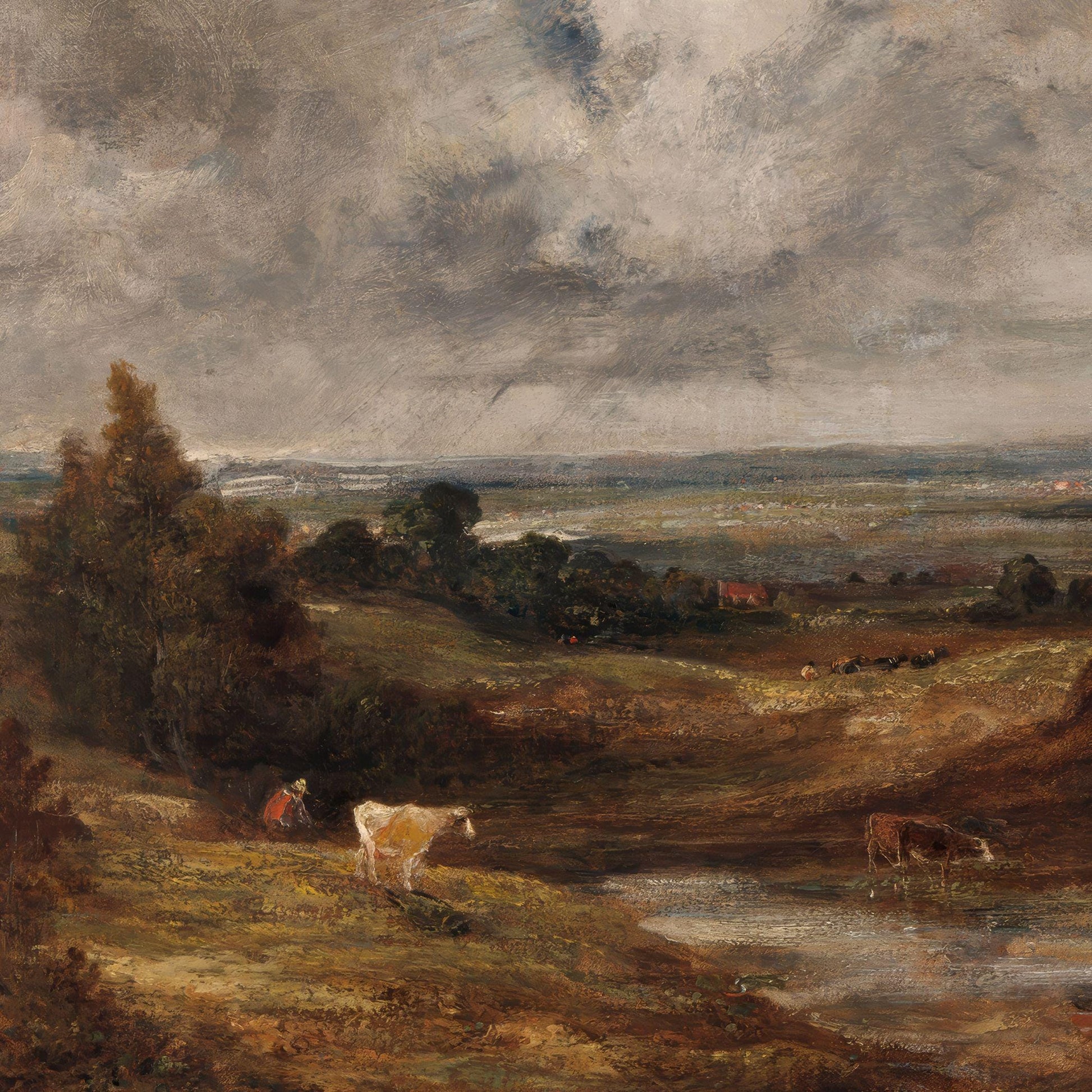 Landscape painting with cows and a person near a stream