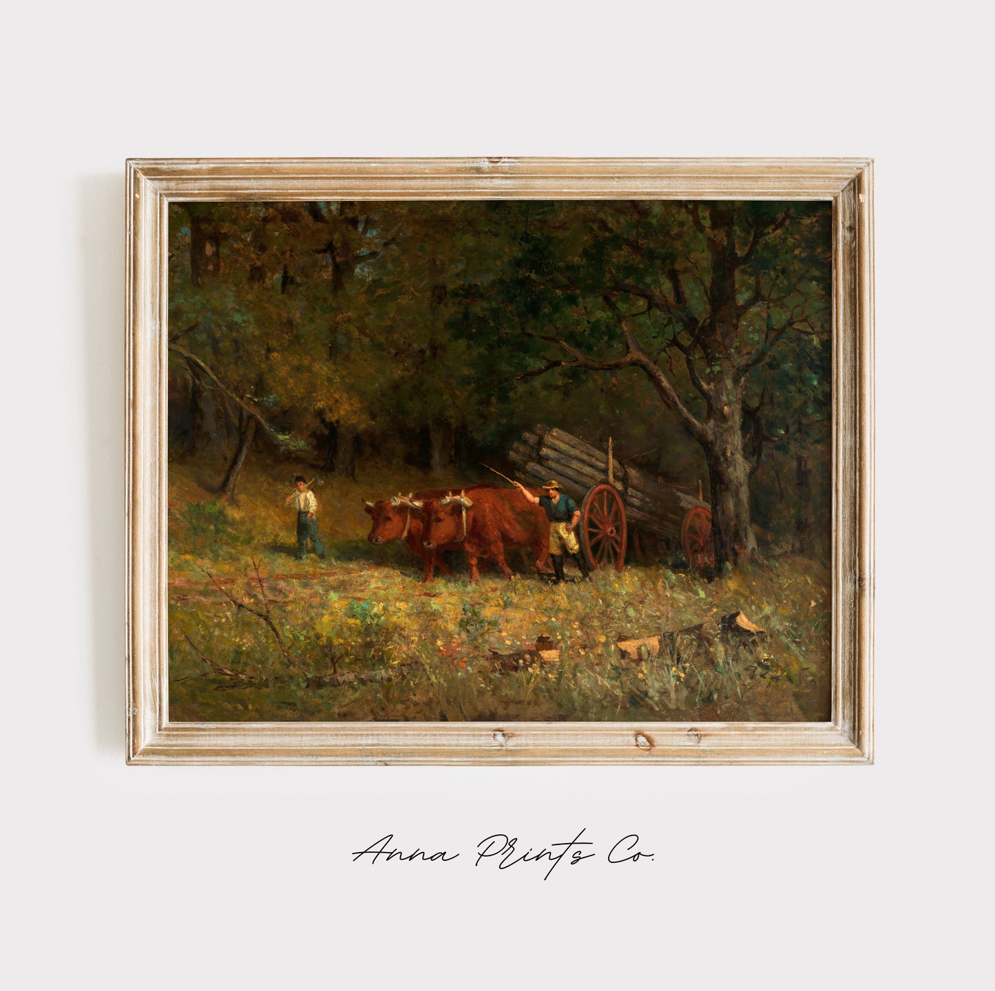 Vintage art print of Boy with Oxen Country Landscape displayed in wooden frame