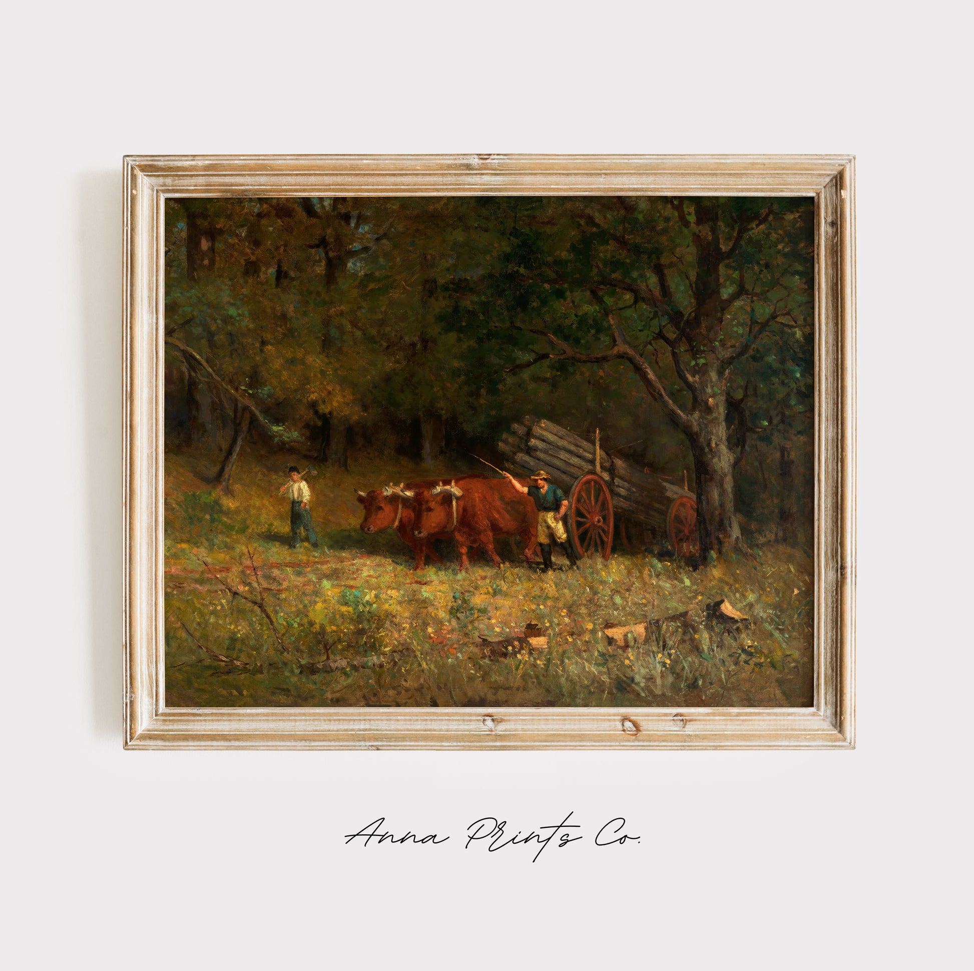 Vintage art print of Boy with Oxen Country Landscape displayed in wooden frame