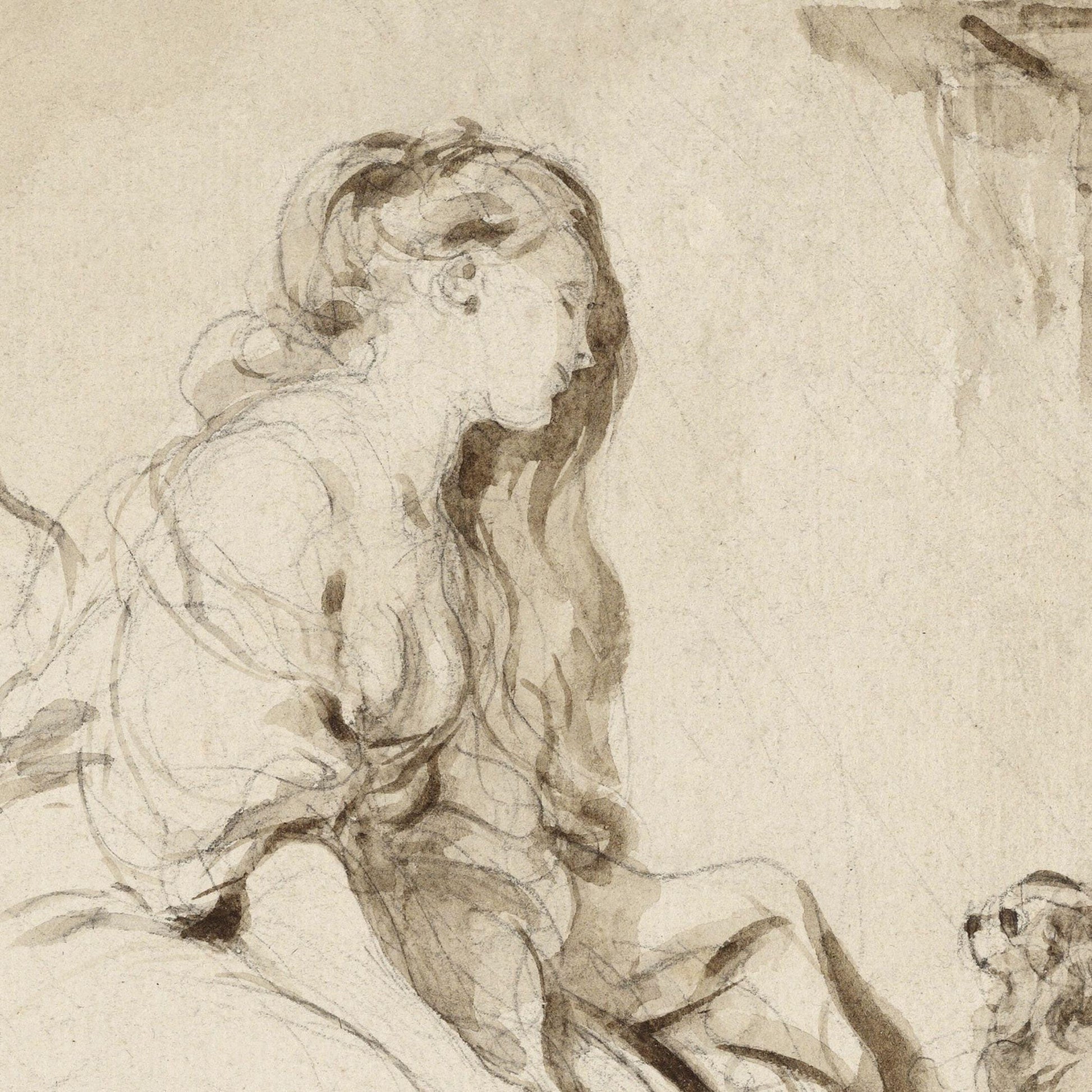 Detailed pencil drawing of a woman sitting with a dog on a textured beige background