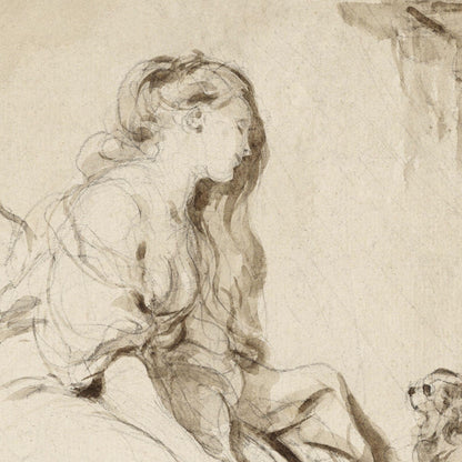 Detailed pencil drawing of a woman sitting with a dog on a textured beige background