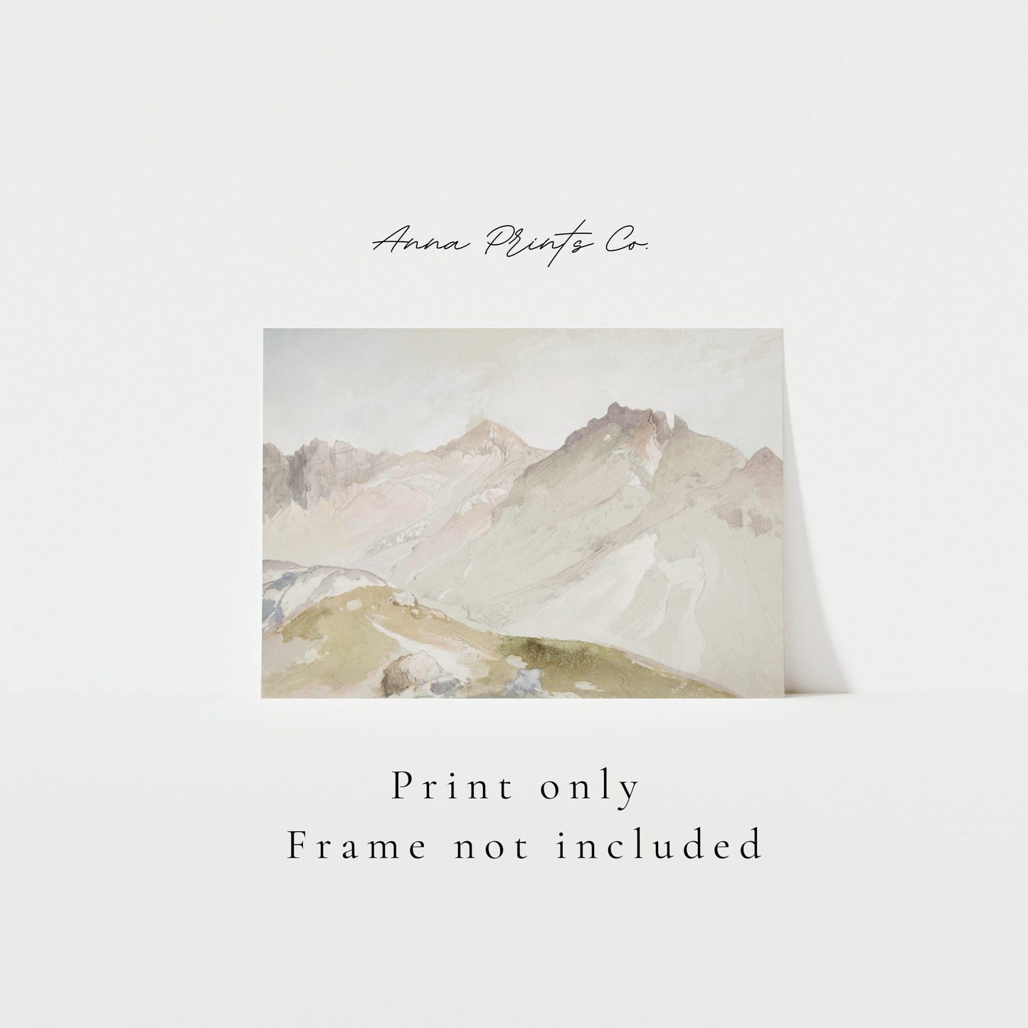 Vintage art print of Utah Mountains Watercolor Sketch with text overlay stating frame not included