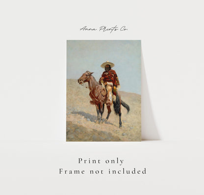 Vintage art print of Mexican Vaquero by Remington with text overlay stating frame not included