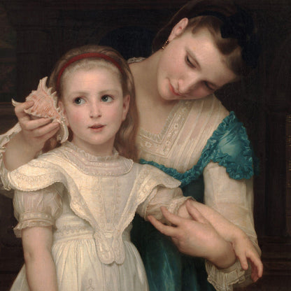 Portrait of a woman and a young girl holding a shell, with a dark background