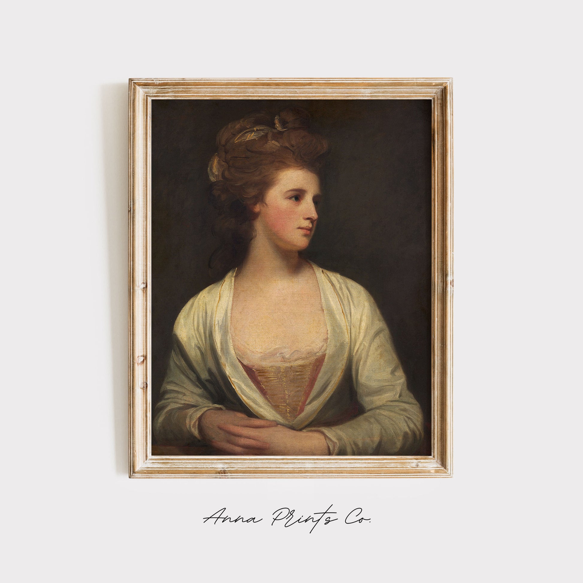 Vintage art print of Portrait of a Woman Moody Artwork displayed in wooden frame