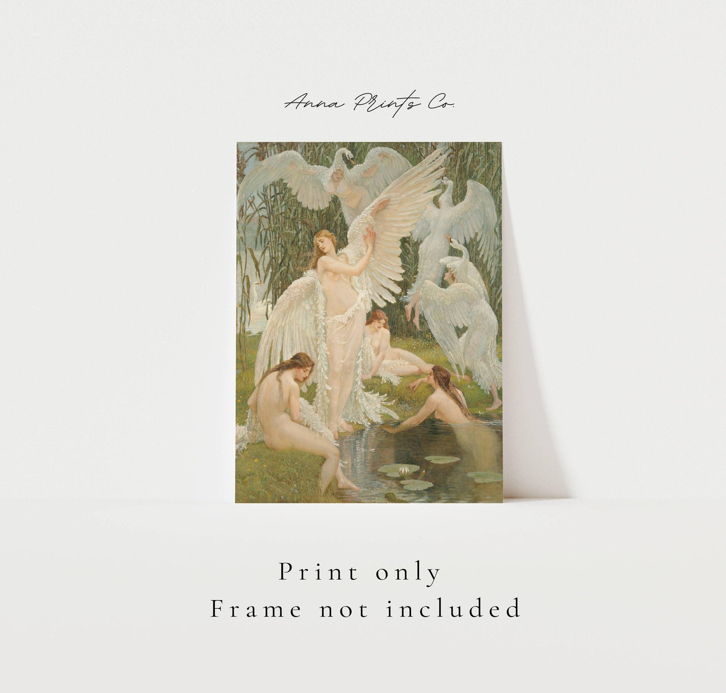 Vintage art print of The Swan Maidens Classical Painting with text overlay stating frame not included