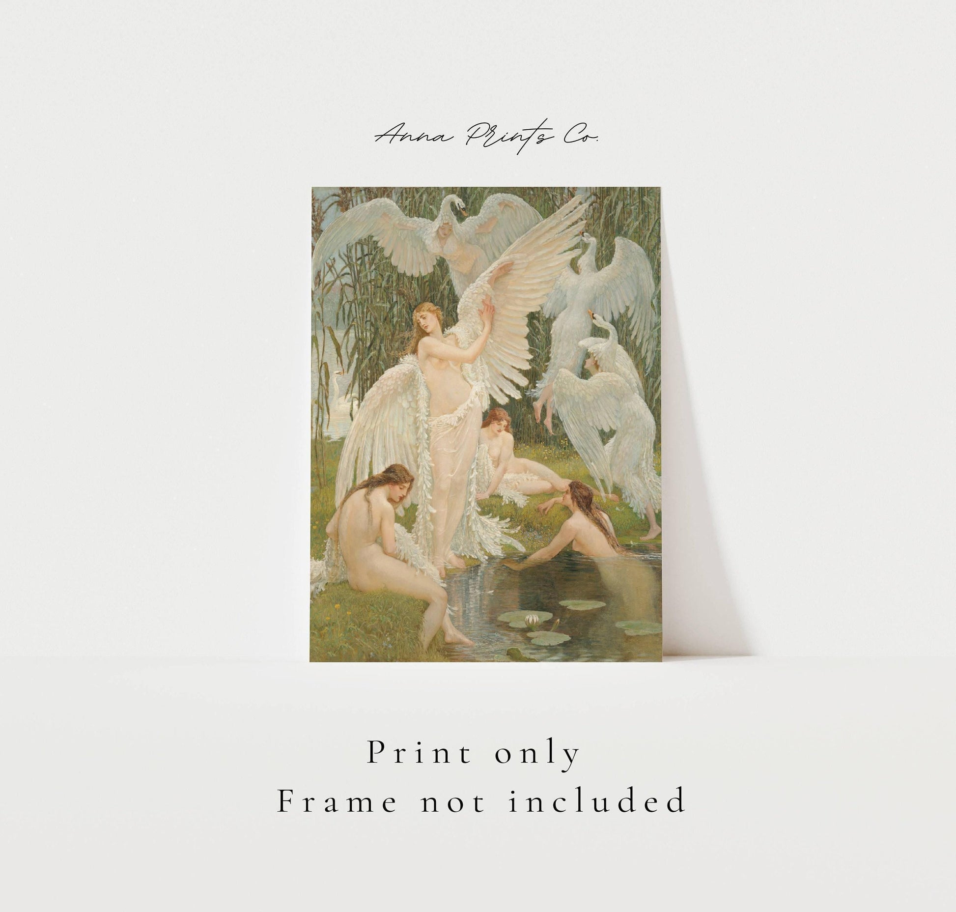 Vintage art print of The Swan Maidens Classical Painting with text overlay stating frame not included